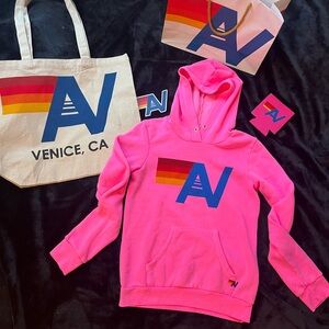 - - - NWT. Kids Logo Aviator Nation Pullover hoodie Size 10 + Tote Neon pink